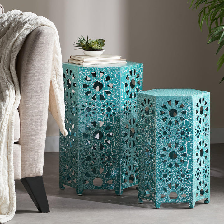 GDFStudio Nestable Outdoor 12 Inch and 14 Inch Sunburst Iron Side Table Set Teal - Diamond Home USA
