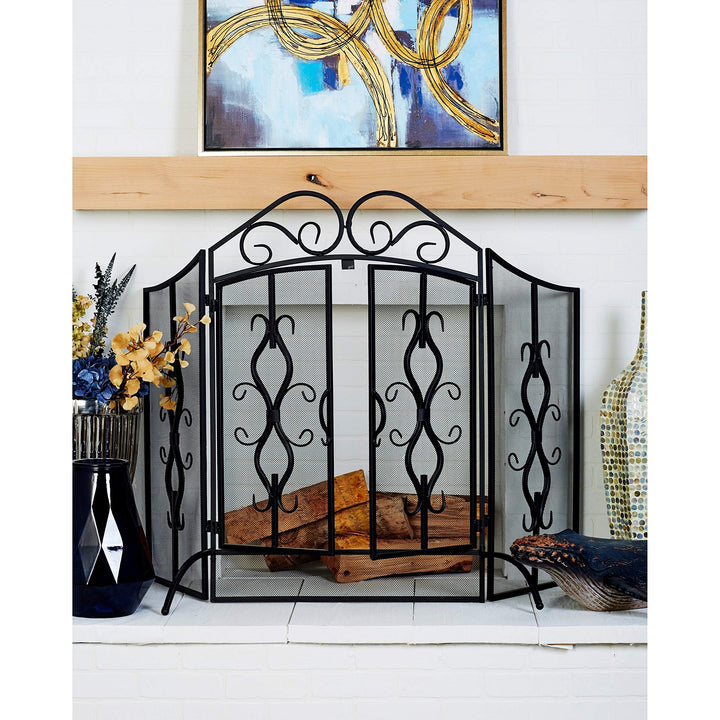 Traditional 40 X 60 Inch Wrought Iron Footed Fire Screen by Black Blue Acacia