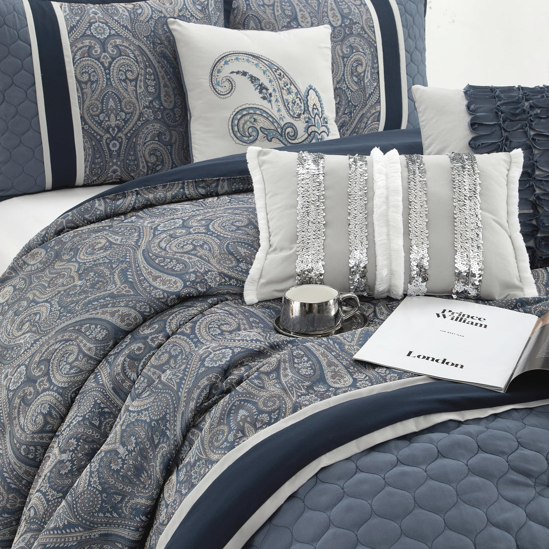Stratford Park Perfect Paisley 7 Piece Comforter Set Navy/Blue/White Bed Size Queen