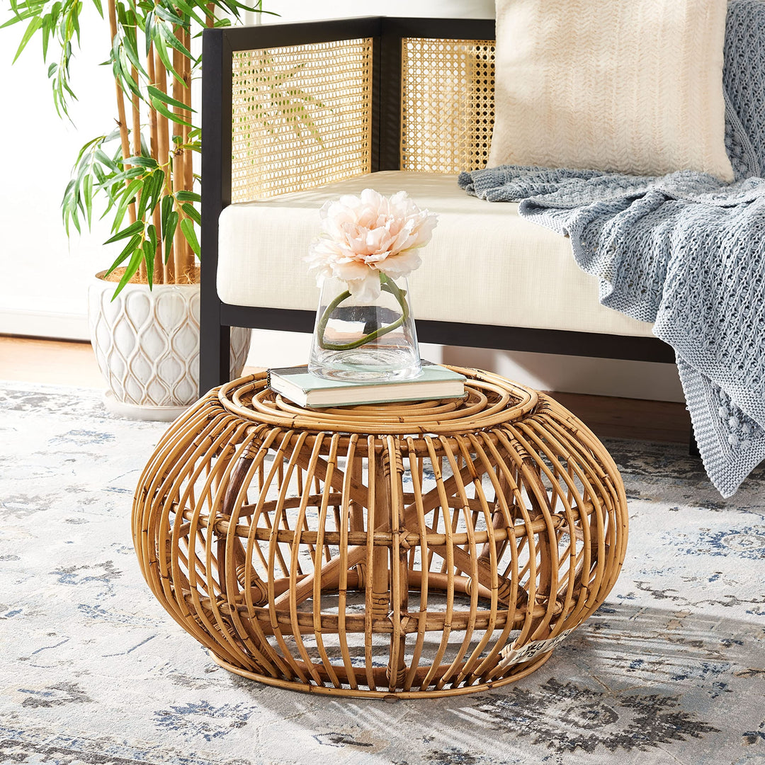 Tropical Coastal Boho Rattan Round Ottoman Brown Solid Nautical