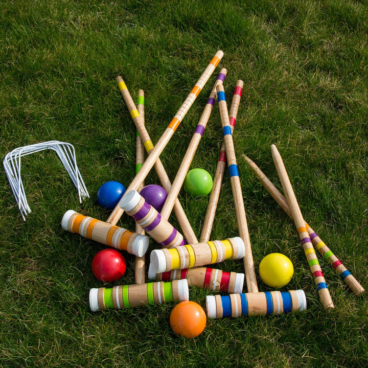 Complete Croquet Set with Carrying Case - Multicolor 3" Ball Boys Girls Wood - Diamond Home USA
