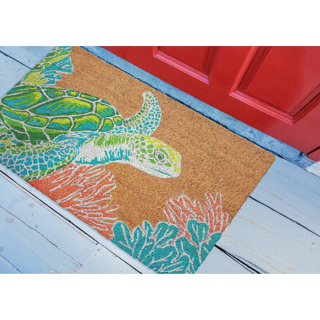 Giant Seaturtle Doormat Teal Coral Blue Green Sea Turtle Ocean Life Design Front - Diamond Home USA