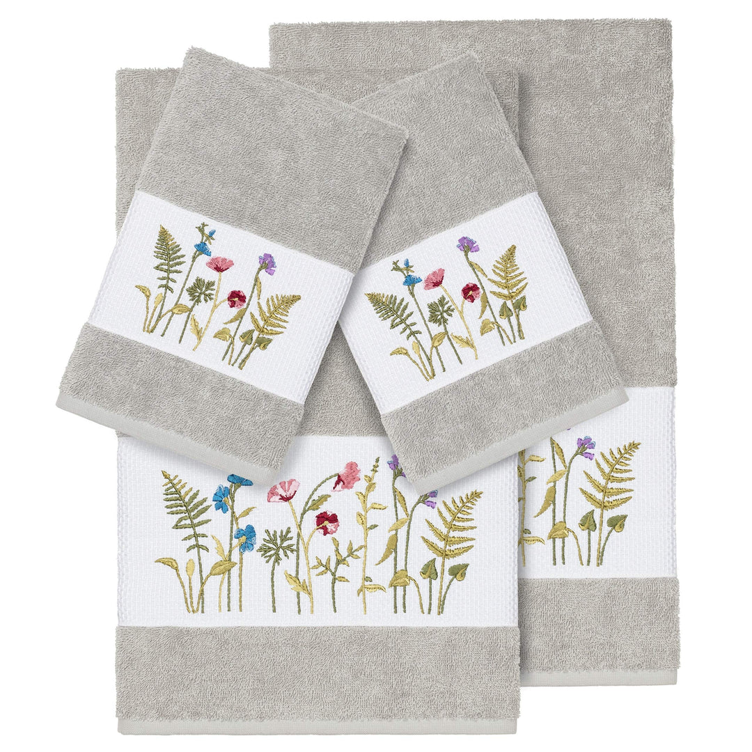Authentic Hotel and Spa Grey Turkish Cotton Wildflowers Embroidered 4 Piece