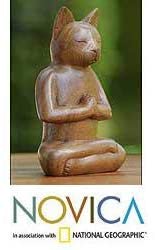 Wood 'Cat Deep Meditation' Sculpture Handmade Indonesia Brown - Diamond Home USA