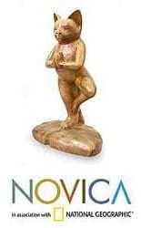 Handcrafted Wood 'Tree Pose Yoga Cat' Sculpture Handmade Indonesia Brown - Diamond Home USA