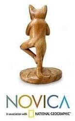 Handcrafted Wood 'Tree Pose Yoga Cat' Sculpture Handmade Indonesia Brown - Diamond Home USA