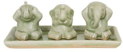Set 3 Celadon Ceramic 'Elephant Life Lessons' Figurines Handmade Thailand Green - Diamond Home USA