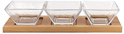 Hostess Set 4 Pc 3 Glass Condiment Wood Tray Brown Clear