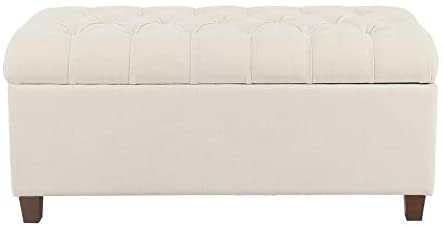 Button Tufted Storage Bench Cream Solid Fabric Walnut