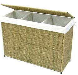 Woven Seagrass Lined 3 Section Full Load Hamper Green