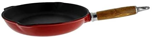 10 inch Red French Enameled Cast Iron Fry Pan Wooden