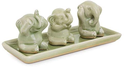 Set 3 Celadon Ceramic 'Elephant Life Lessons' Figurines