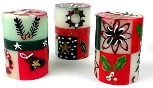 Christmas Handmade Votive Candles Design Set 3 (South Africa) Gold Green White Patterned Wax - Diamond Home USA