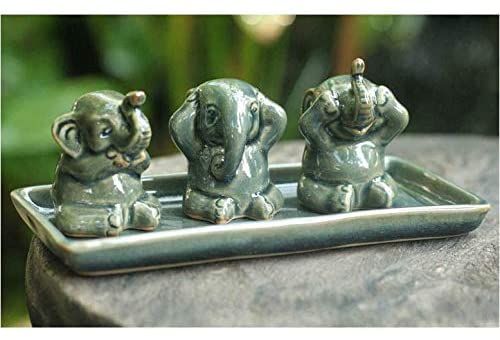 Elephant Lesson Hear Speak See No Evil Artisan Figurine Decor Accent Green Celadon Ceramic Signed Art Work Sculpture (Thailand) Handmade - Diamond Home USA