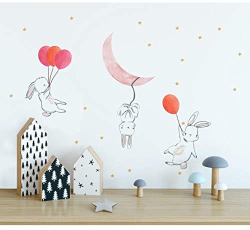 Cute Cartoon Bunny Moon Stars Wall Sticker Pink Children's Art Removable