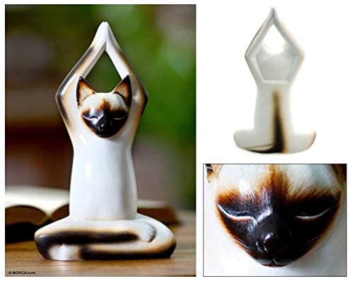 Handmade Wood 'Toward Sky Yoga Cat' Sculpture (Indonesia)