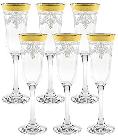 Flutes Set 6 Stencil Pattern Gold Band Glass