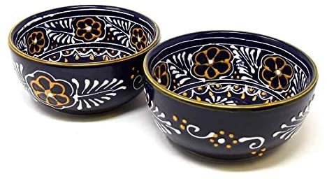 Handmade Pottery 5 5" Set 2 Bowls Blue Floral Traditional