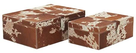 Natural Wood 14 inch X 17 inch Well Dressed Leather Hide Boxes (Set 2) Black Brown Color Country Acacia Finish