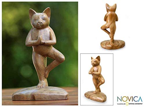 Handcrafted Wood 'Tree Pose Yoga Cat' Sculpture Handmade