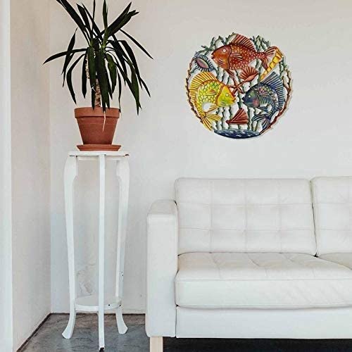Handmade Trio Fish Painted Drum Art 21 Inch Color Bohemian Eclectic Nautical Coastal Metal Steel - Diamond Home USA