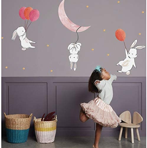 Cute Cartoon Bunny Moon Stars Wall Sticker Pink Children's