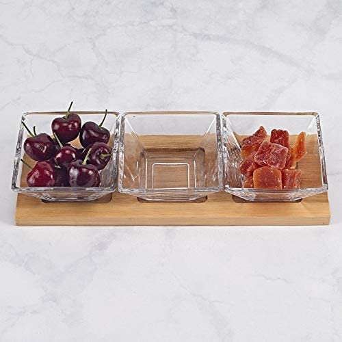 MISC Hostess Set 4 Pc 3 Glass Condiment Wood Tray Brown Clear Piece Handmade