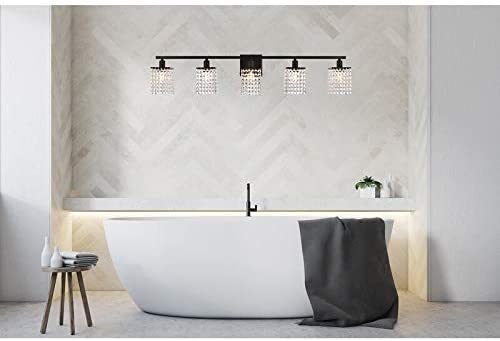 5 Light Bath Sconce Clear Crystals Mid Century Modern Crystal Iron Black Dimmable - Diamond Home USA