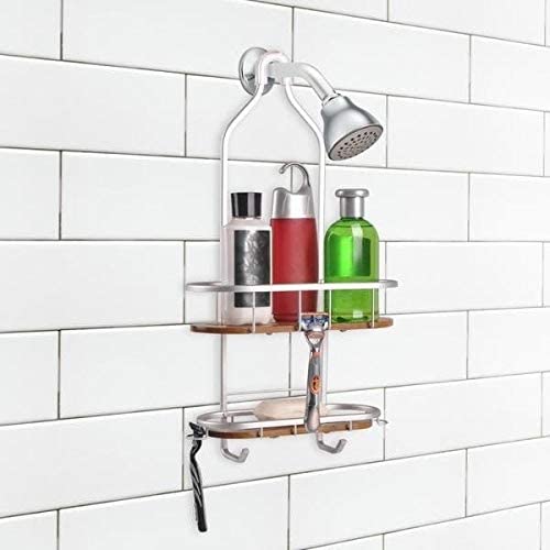 Tia Large Over Showerhead Rustproof Shower Caddy Teak Shelves Metal - Diamond Home USA