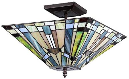 Mission Design 2 Light Flush Mount Tiffany Traditional Art Glass Metal Dimmable