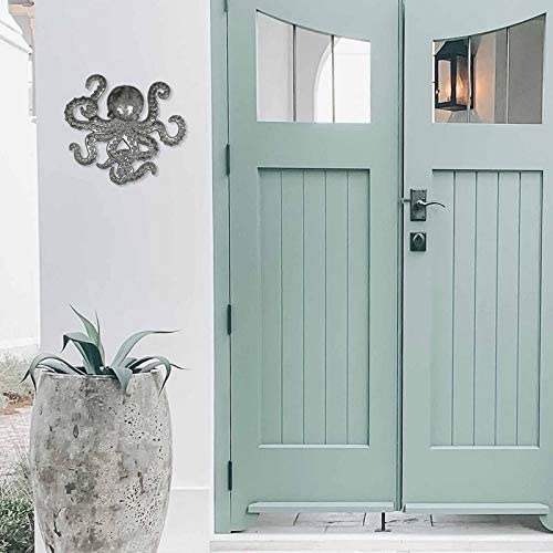 16 inch Embossed Octopus Recycled Metal Wall Art Grey Bohemian Eclectic Nautical Coastal Steel Handmade - Diamond Home USA