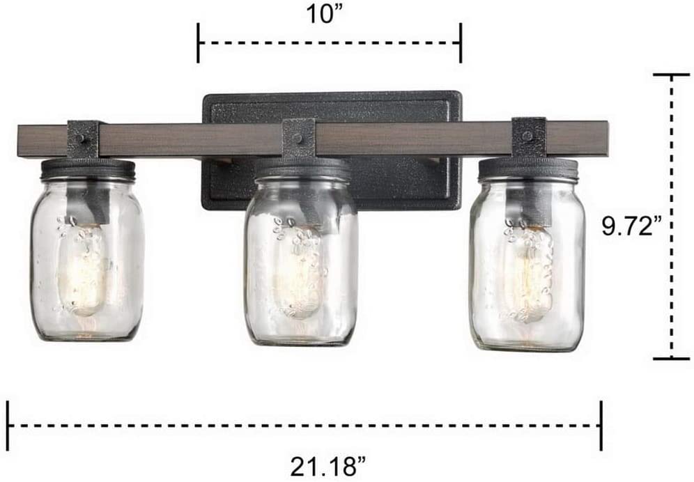 Vintage Mason Jar Bathroom Vanity Lighting 3 Lights Brown Grey Silver Farmhouse Industrial Transitional Glass Iron Metal Black Bronze - Diamond Home USA