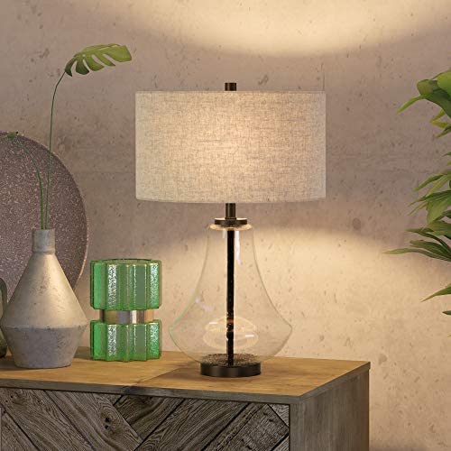 Table Lamp Seeded Glass Flax Shade Clear Farmhouse