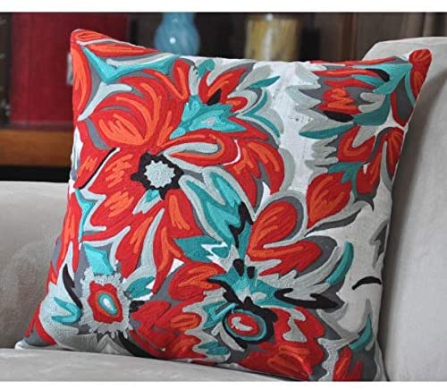 Cotton 17 Inch Throw Pillow Blue Red Floral Casual One Removable Cover