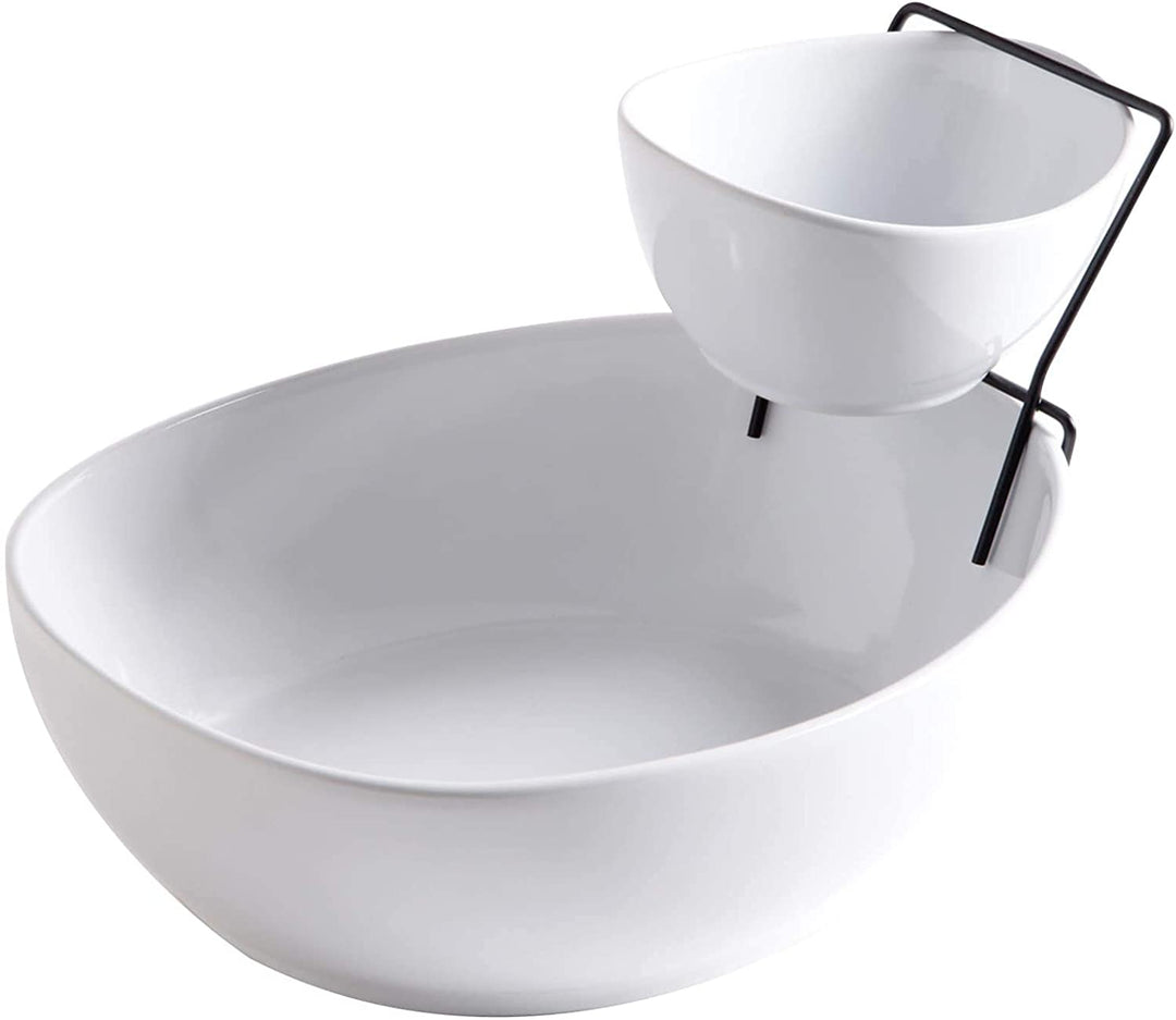 Dining 2 Tier Chip Dip Server Set White Solid Classic Oval Ceramic 3 Piece Dishwasher Safe - Diamond Home USA