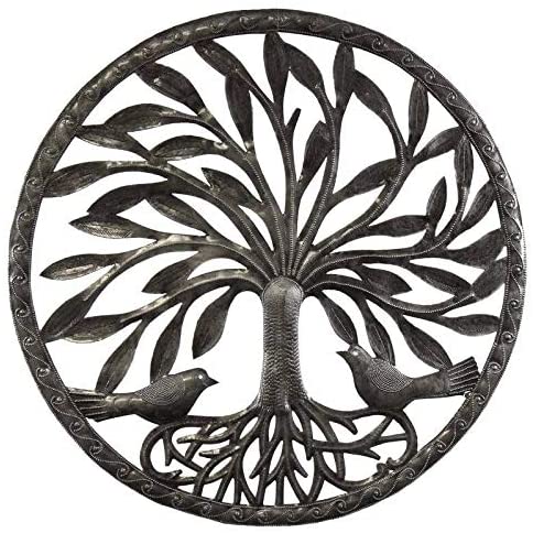 Handmade Tree Life Two Birds Metal Wall Art (Haiti) Grey