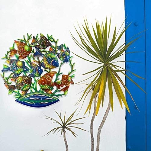 Hand Painted School Fish Recycled Metal Wall Art (Haiti) Color Bohemian Eclectic Nautical Coastal Steel Handmade