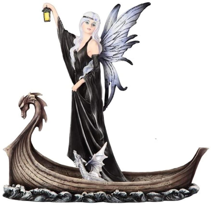 11" w Gothic Black Fairy Baby Dragon Boat Holding Lantern