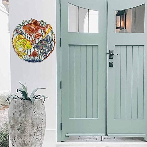 Handmade Trio Fish Painted Drum Art 21 Inch Color Bohemian Eclectic Nautical Coastal Metal Steel - Diamond Home USA