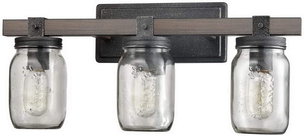 Vintage Mason Jar Bathroom Vanity Lighting 3 Lights Brown Grey Silver Farmhouse Industrial Transitional Glass Iron Metal Black Bronze - Diamond Home USA