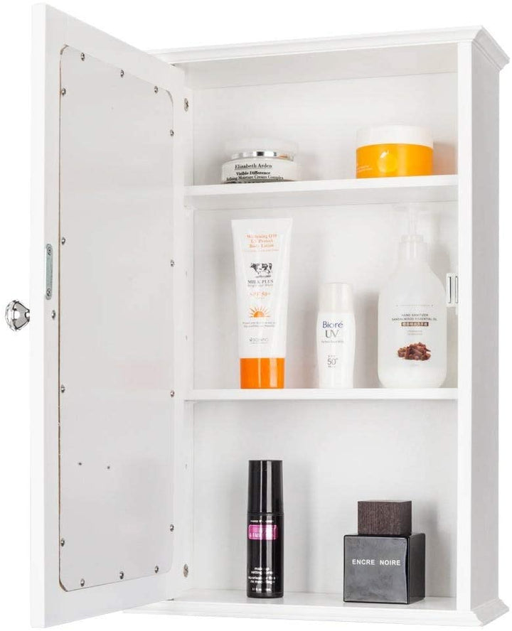 Single Door Mirror Indoor Bathroom Wall Mounted Cabinet Shelf White Modern Contemporary MDF Wood Finish Includes Hardware - Diamond Home USA