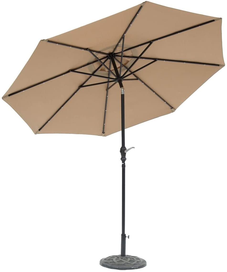 9 Foot Round Solar Lighted Umbrella Taupe Beige Off/White Tan Solid Traditional Polyester - Diamond Home USA