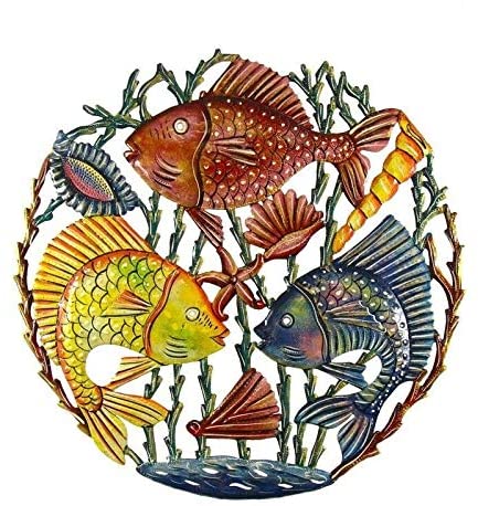 Handmade Trio Fish Painted Drum Art 21 Inch Color Bohemian