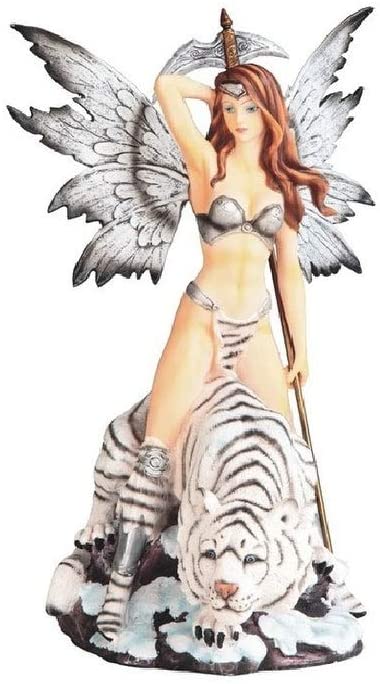 14" h Black White Warrior Fairy Tiger Spear Statue Fantasy