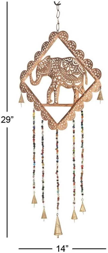 Eclectic 30 X 14 Inch Elephant Imitation Wind Chime Bead Accents Gold Bohemian Iron - Diamond Home USA