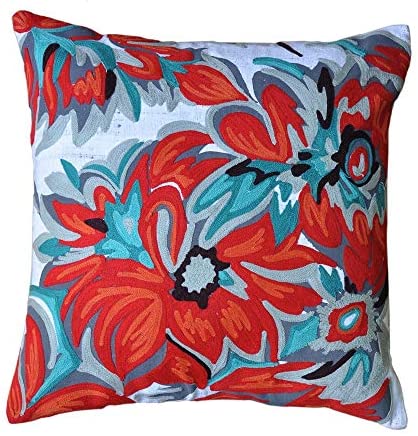 Cotton 17 Inch Throw Pillow Blue Red Floral Casual One