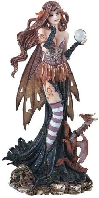 9" h Brown Fairy Holding Crystal Ball Red Baby Dragon Statue