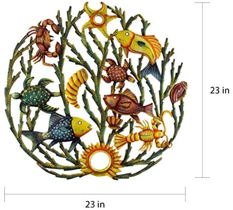 Hand Painted Sea Life/Coral Recycled Metal Wall Art (Haiti) Color Bohemian Eclectic Nautical Coastal Steel Handmade - Diamond Home USA