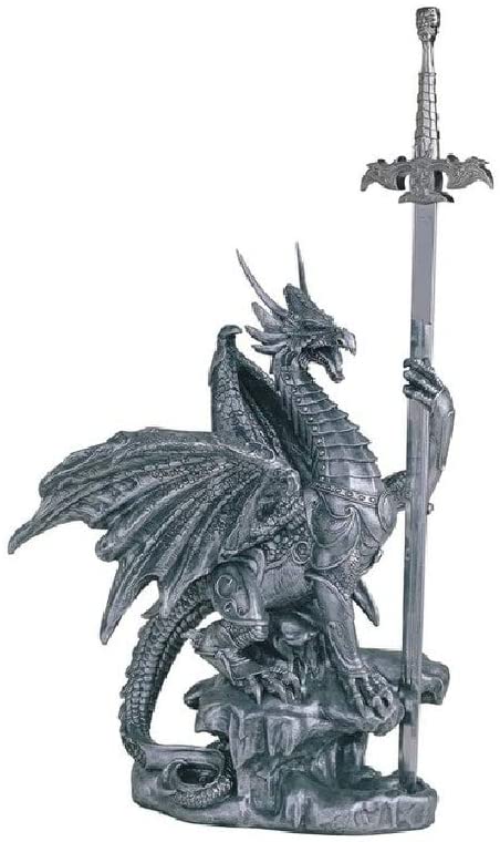 13" h Medieval Silver Dragon Armor Sword Guardian Statue