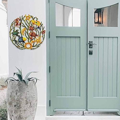 Hand Painted Sea Life/Coral Recycled Metal Wall Art (Haiti) Color Bohemian Eclectic Nautical Coastal Steel Handmade - Diamond Home USA